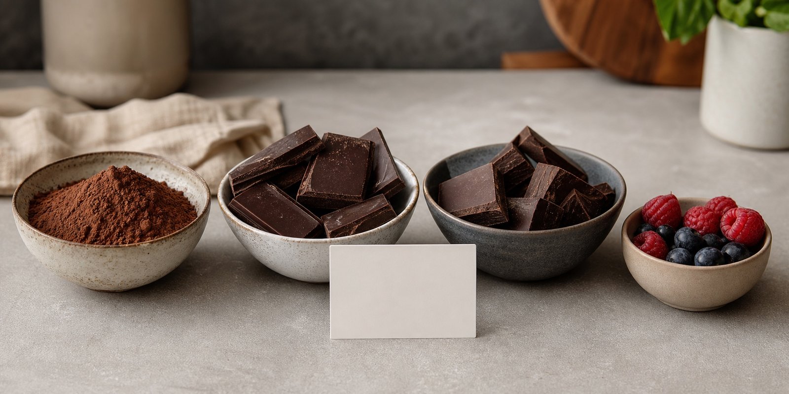 Diferentes opções de cacau e chocolate amargo sem marcas para comparar açúcar, fibras e porção.