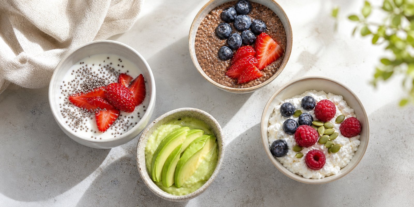 Opções doces low carb com iogurte natural, chia, frutas vermelhas, creme de abacate, cottage e sementes.