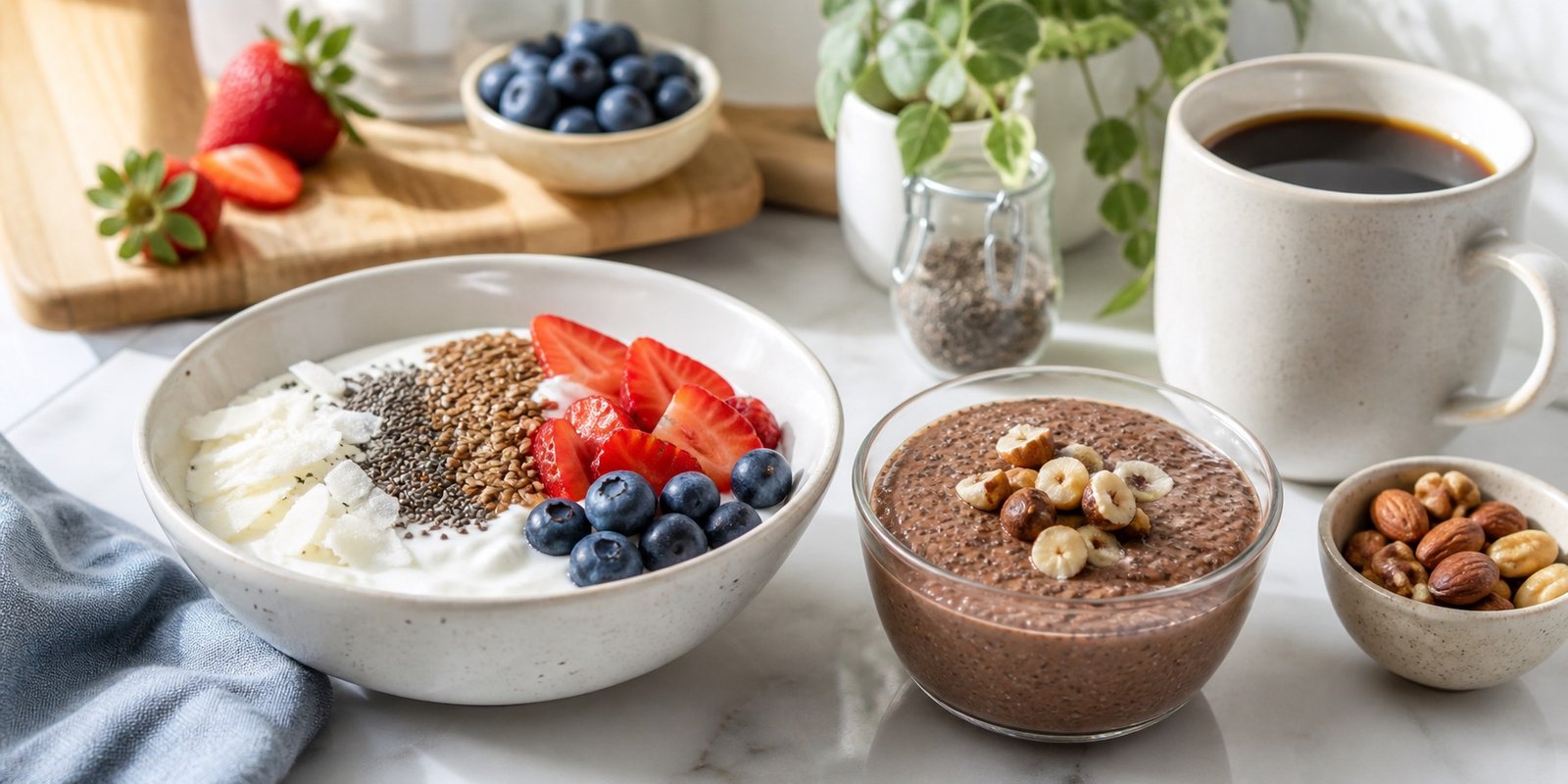 Opções doces de café low carb com iogurte natural, chia, frutas vermelhas, coco e nozes sem adição de açúcar.