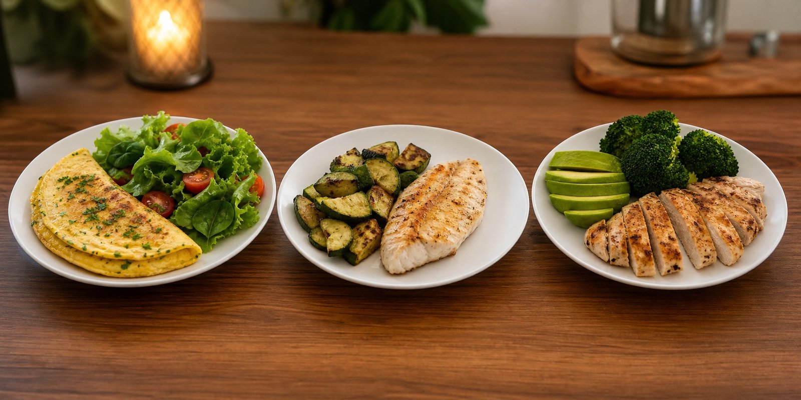 Três pratos de jantar low carb com omelete e salada, peixe com abobrinha e frango com brócolis e abacate