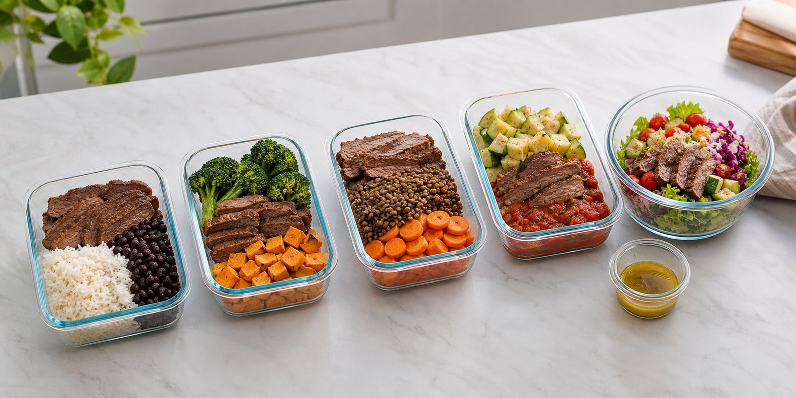 Opções de marmita fitness com patinho, arroz, feijão, batata, lentilha e legumes.