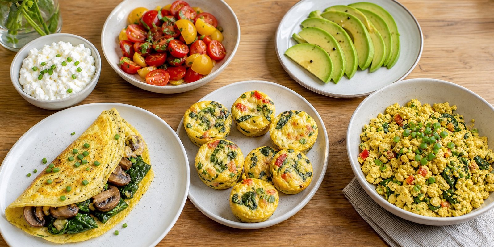 Opções salgadas de café low carb com omelete de cogumelos, muffins de ovo, tofu mexido, abacate e cottage.