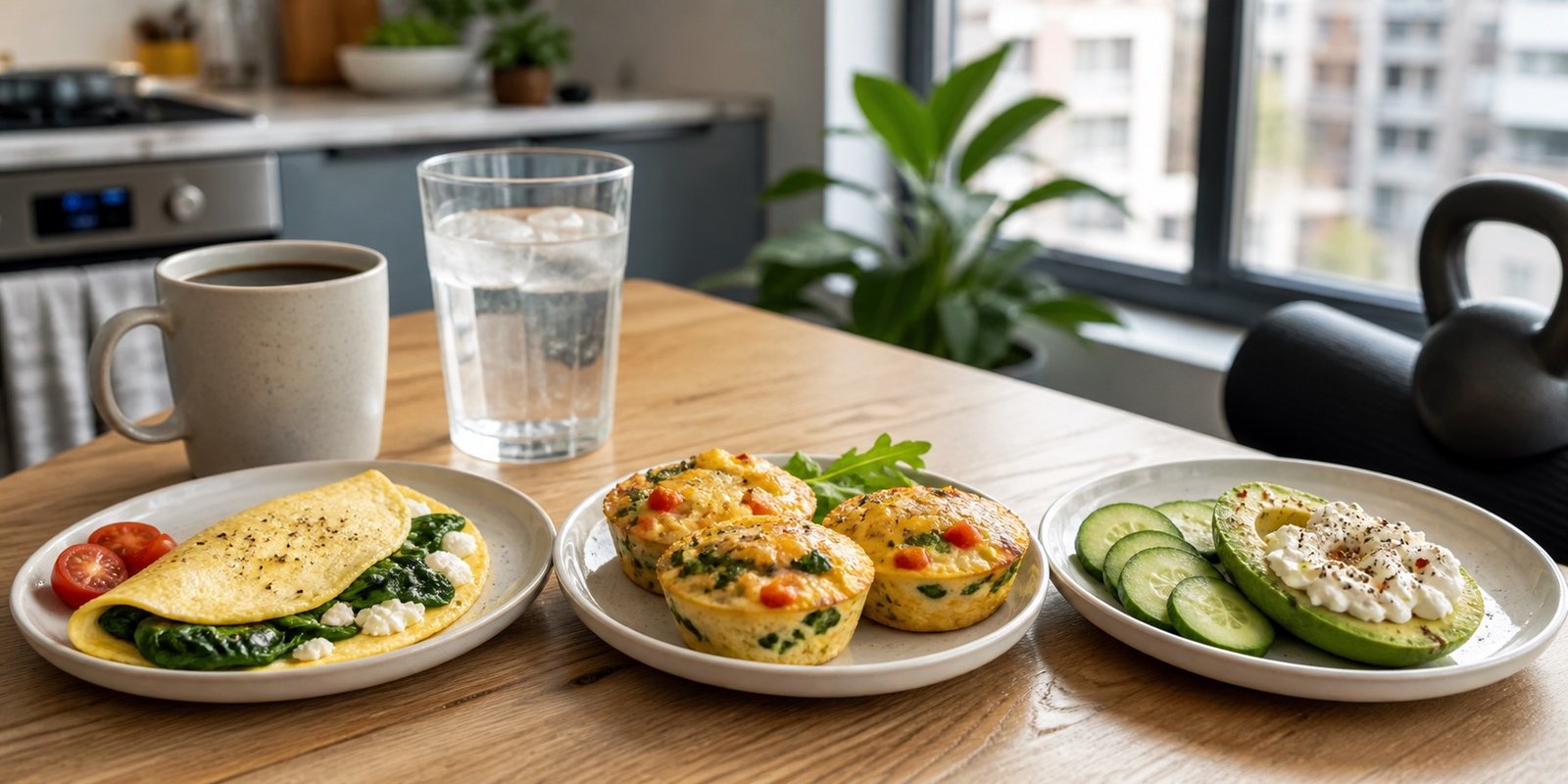 Opções salgadas de café low carb com omelete, muffins de ovo com vegetais e abacate com queijo branco.