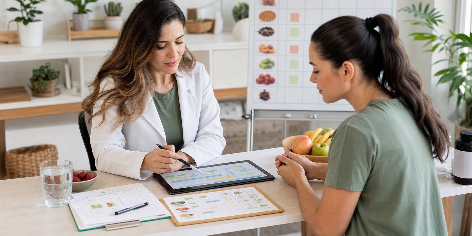 Nutricionista revisando rotina alimentar antes de decidir quem não deve fazer jejum intermitente.