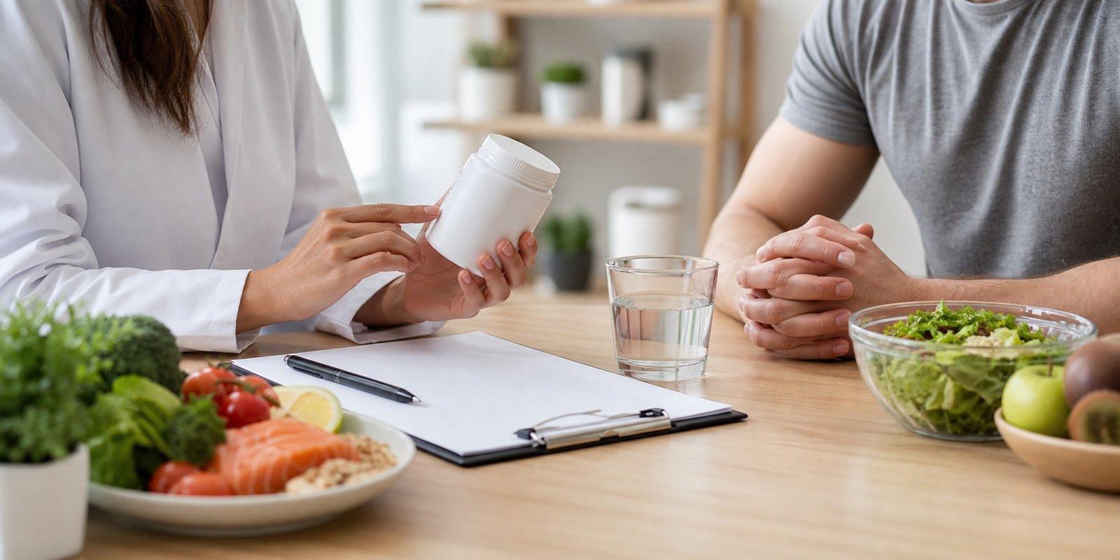 Consulta nutricional revisando suplemento sem marca antes do uso para emagrecimento.