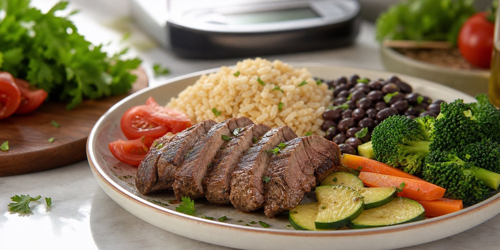 Marmita fitness com patinho, arroz, feijão e legumes ajustada pelo método objetivo-porção.