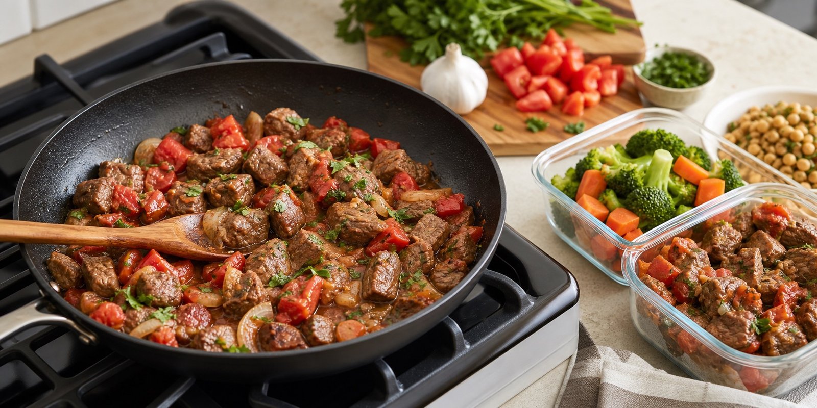 Carne bovina magra cozida com tomate, cebola e ervas para manter suculência na marmita.