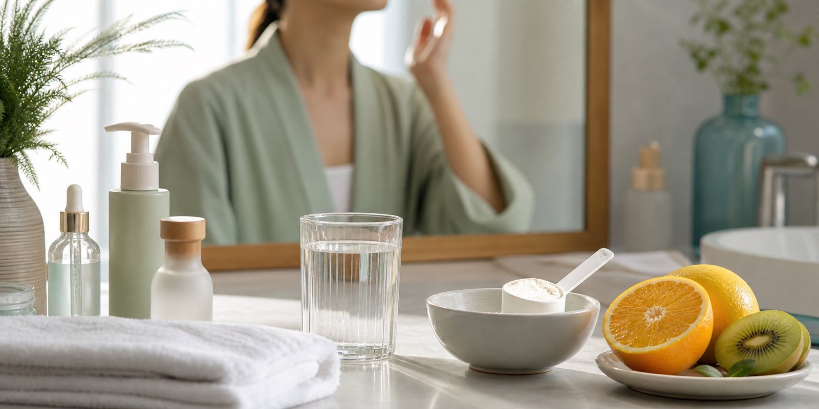 Rotina de pele e nutrição com água, fruta e suplemento sem marca para discutir colágeno com cautela.
