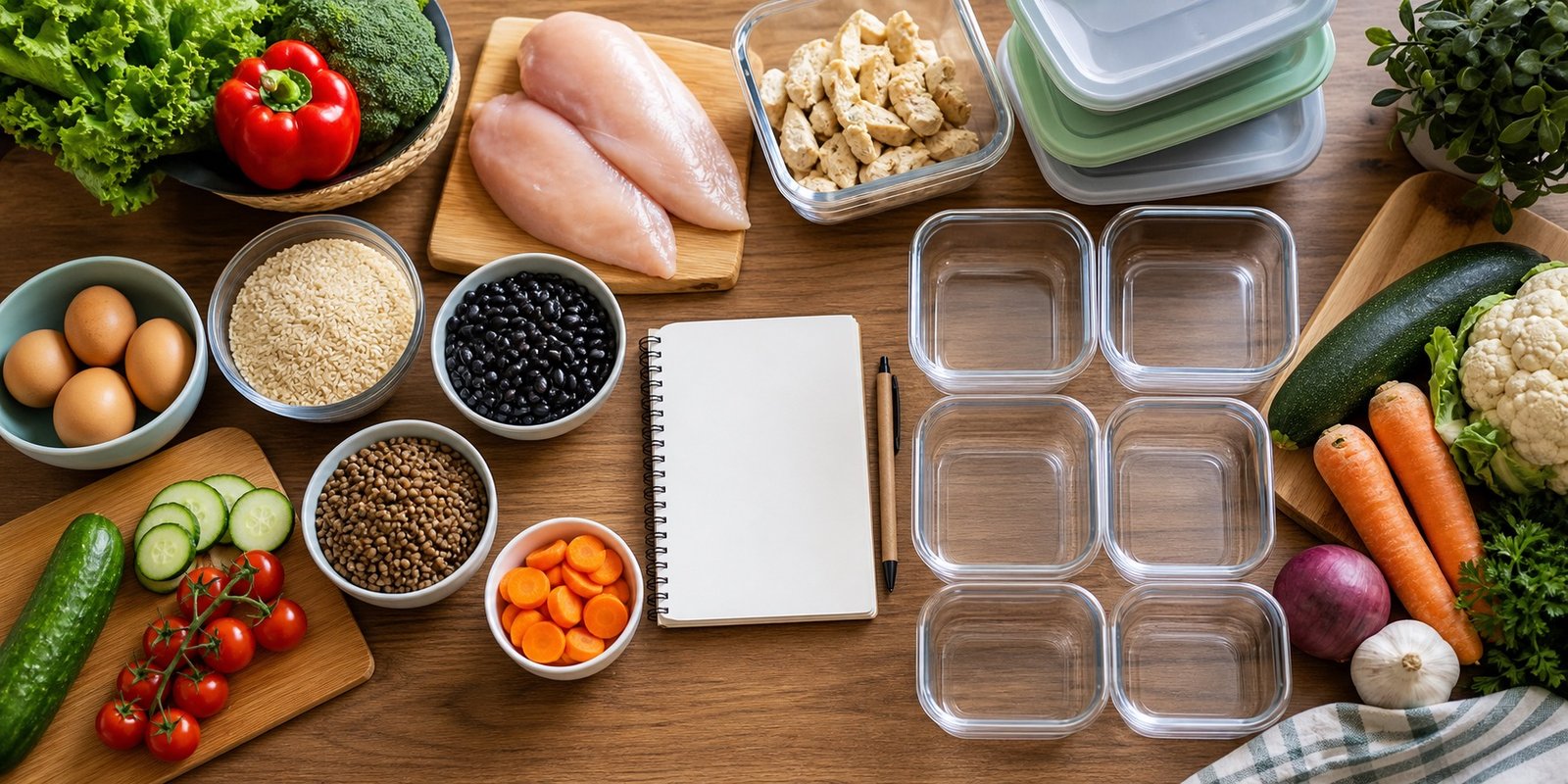 Planejamento de cardápio de marmita fitness congelada com ingredientes frescos e potes reutilizáveis.