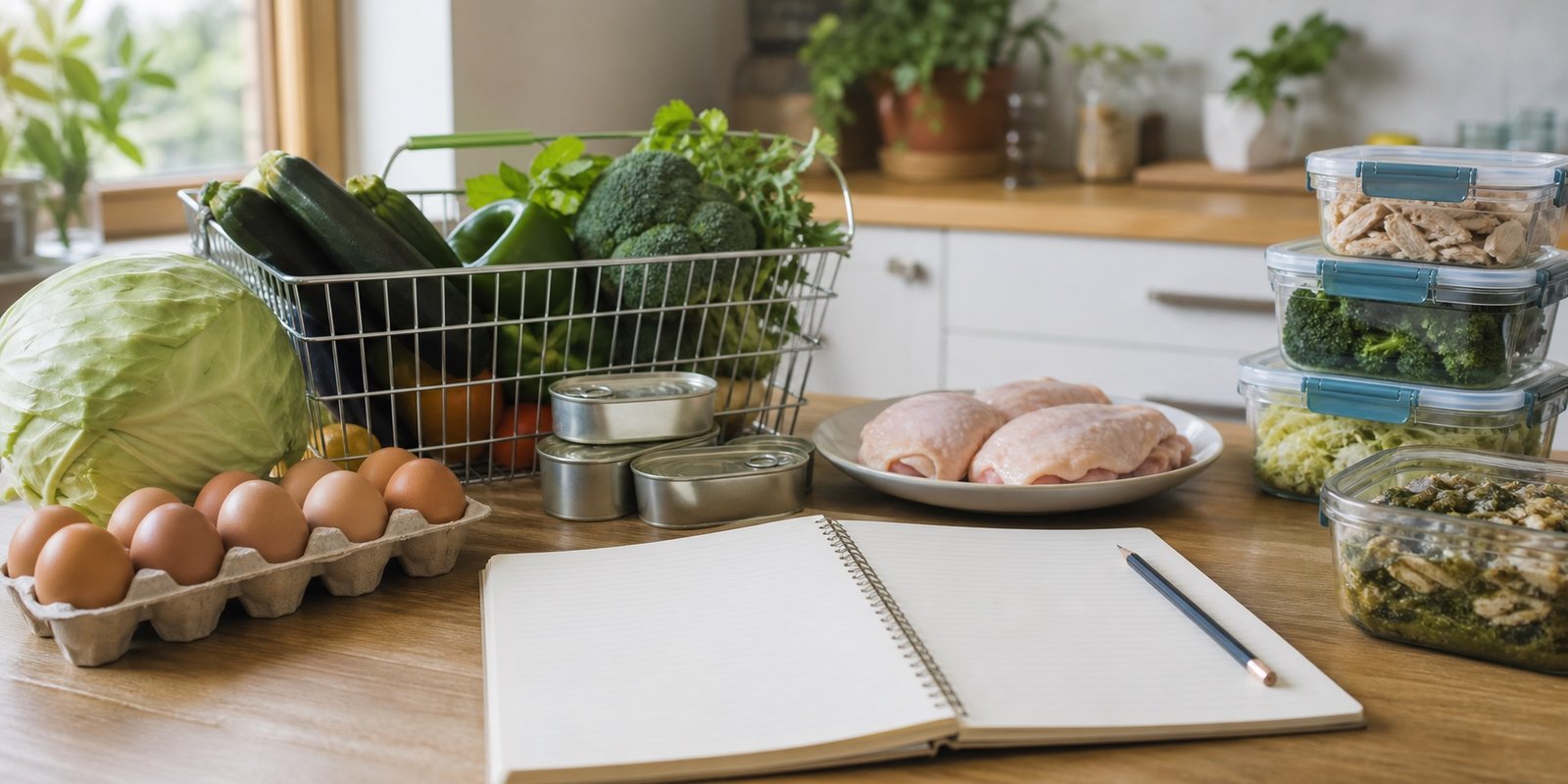 Mesa de planejamento para dieta cetogênica gastando pouco com alimentos simples, caderno, ovos, frango, verduras e potes.