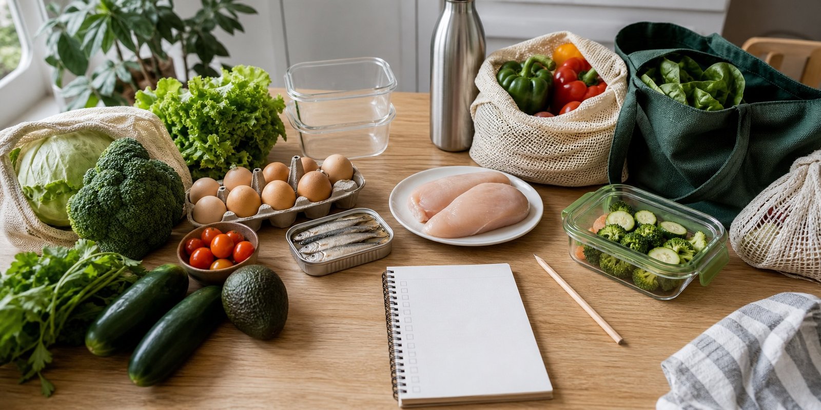 Planejamento de lista de compras low carb com alimentos simples, potes de preparo, sacola reutilizável e checklist sem texto.