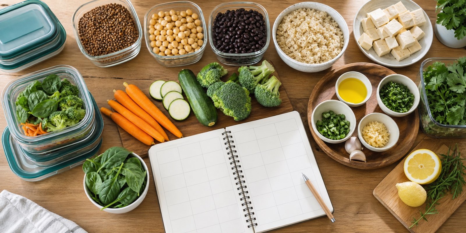 Ingredientes para planejar marmita vegetariana com lentilhas, grão-de-bico, arroz, tofu e vegetais.