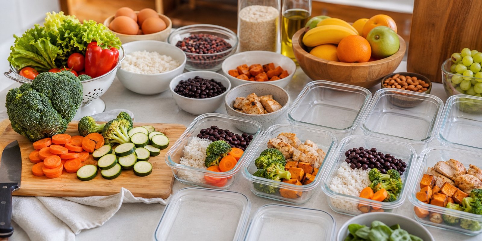 Ingredientes e potes organizados para planejar pratos saudáveis equilibrados durante a semana.