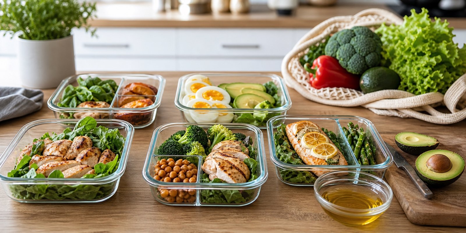 Marmitas com refeições cetogênicas organizadas para começar a dieta cetogênica com planejamento semanal.