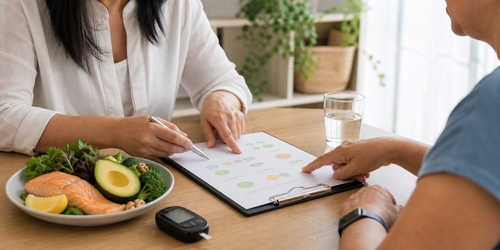 Equipe de saúde revisando dieta cetogênica e diabetes com exames e preferências alimentares.