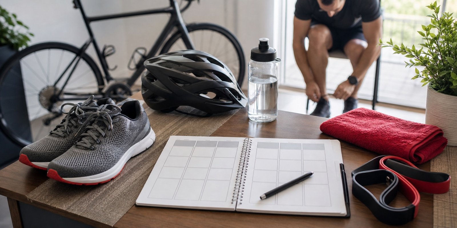 Planejamento semanal de exercício aeróbico com tênis, água e acessórios de treino.