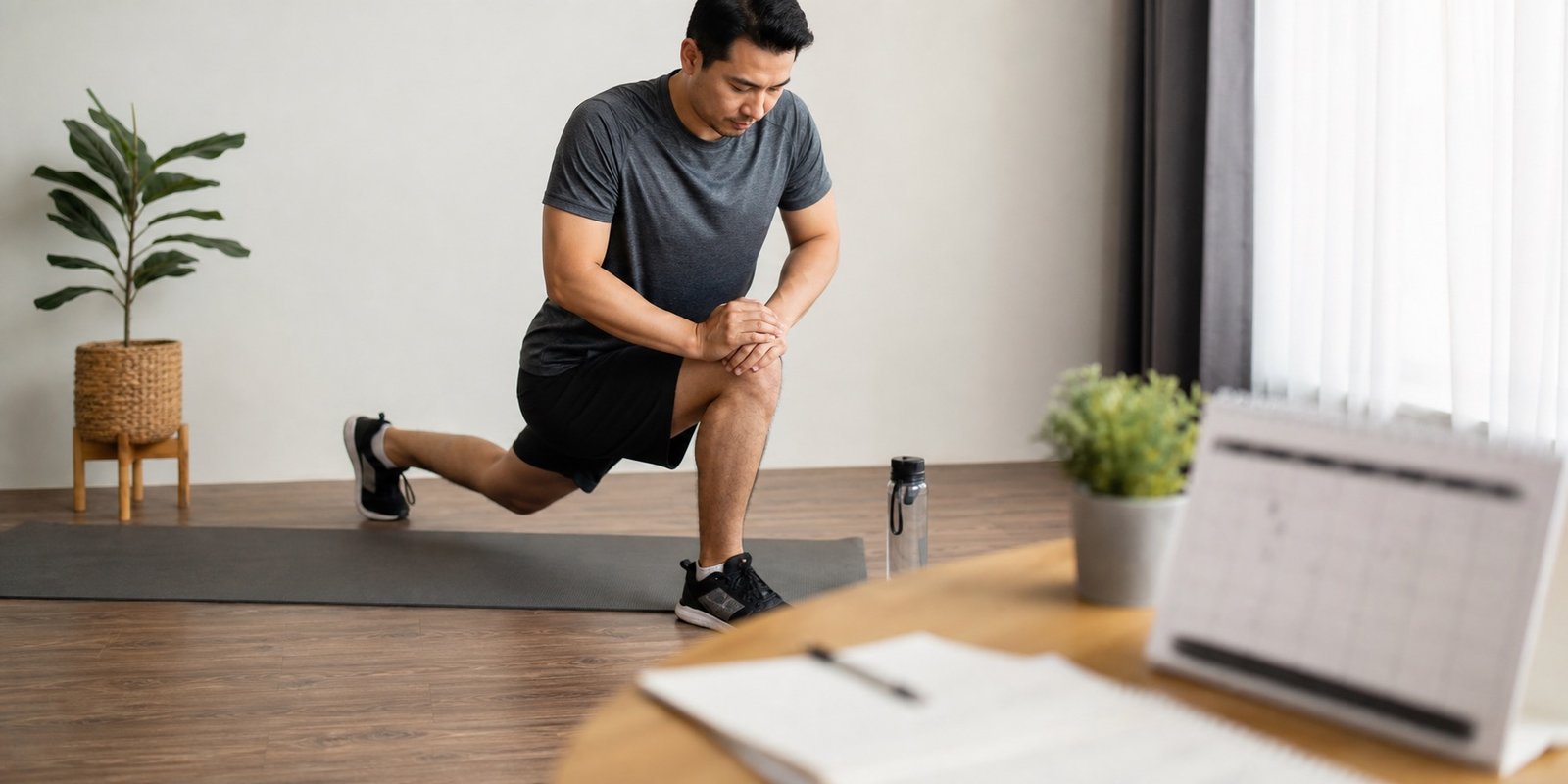 Pessoa revisando um plano semanal de cardio em casa após o treino.