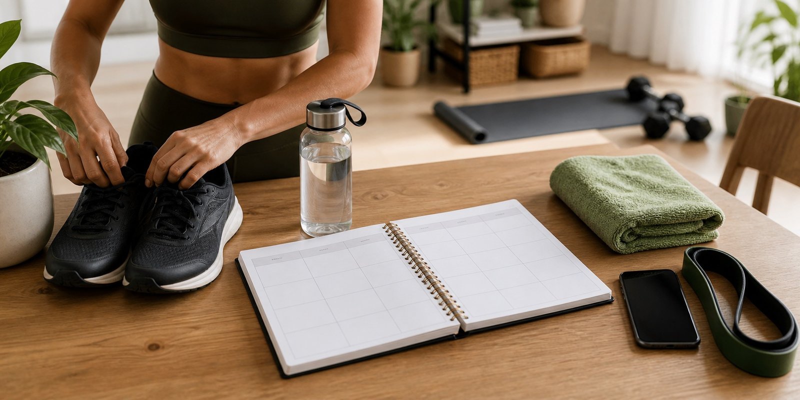 Tênis, água e acessórios de treino organizados para planejar uma semana de aeróbico leve.