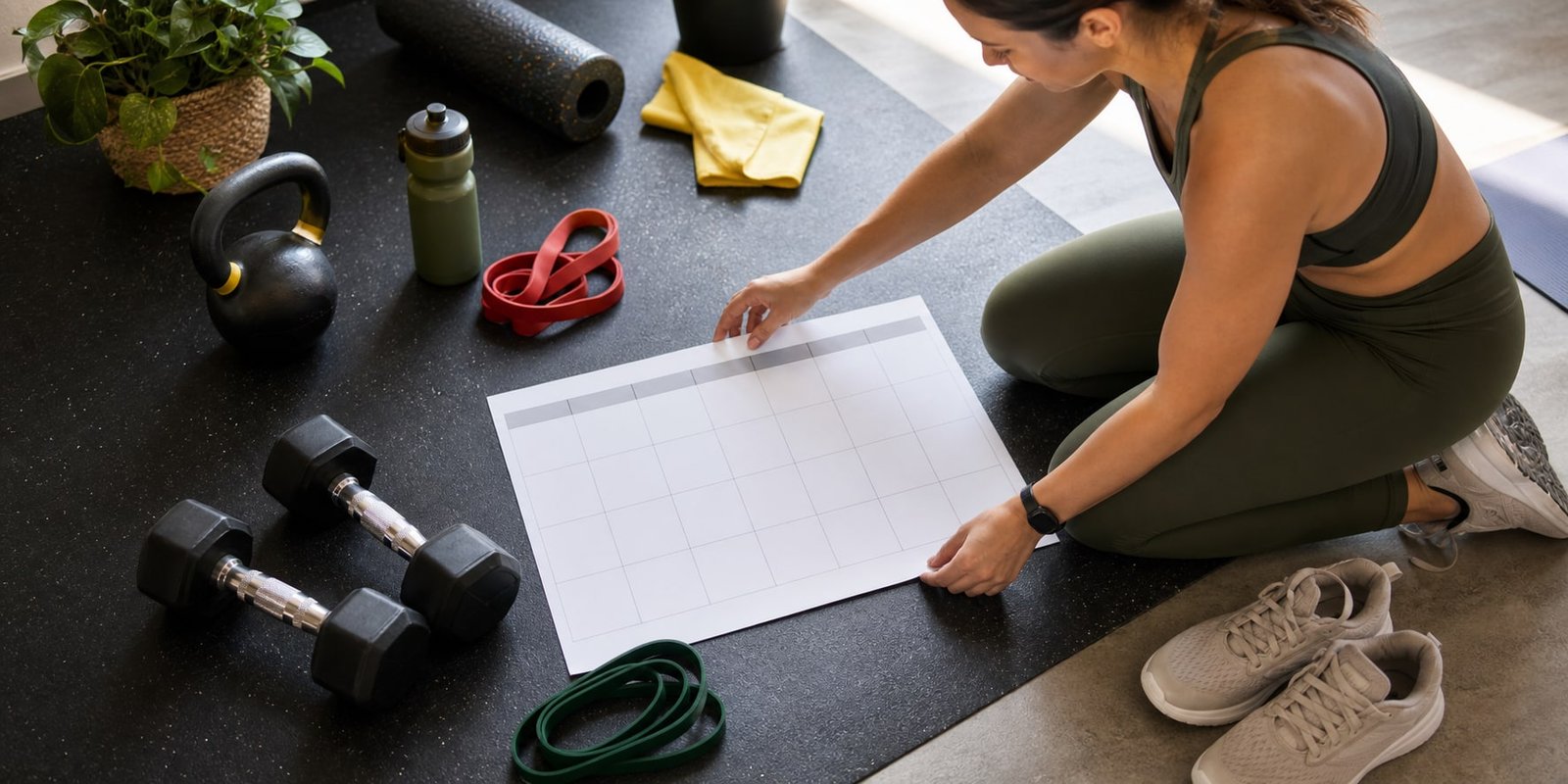 Planner sem texto, tênis, pesos e elástico para distribuir cardio e musculação na semana.