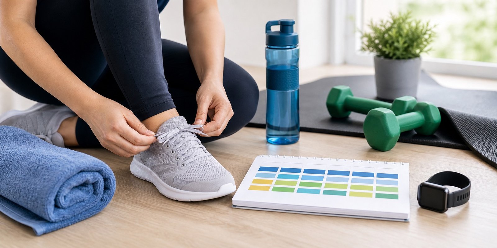 Pessoa organizando um plano semanal de cardio para perder peso com tênis e garrafa de água.