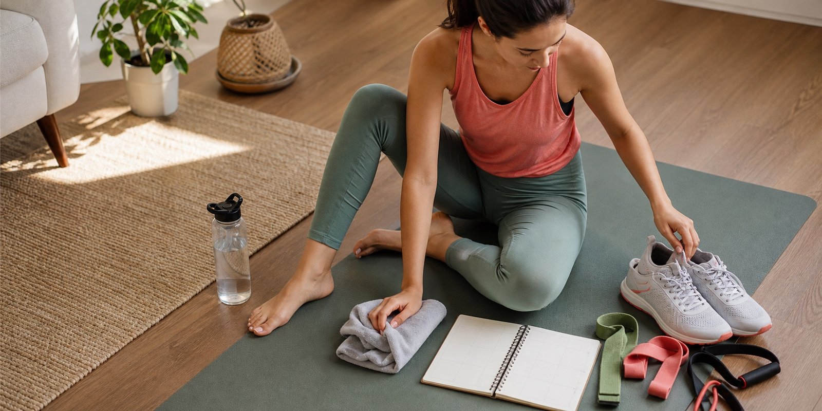 Pessoa organizando tênis, garrafa e planner em casa para montar uma semana equilibrada de cardio.
