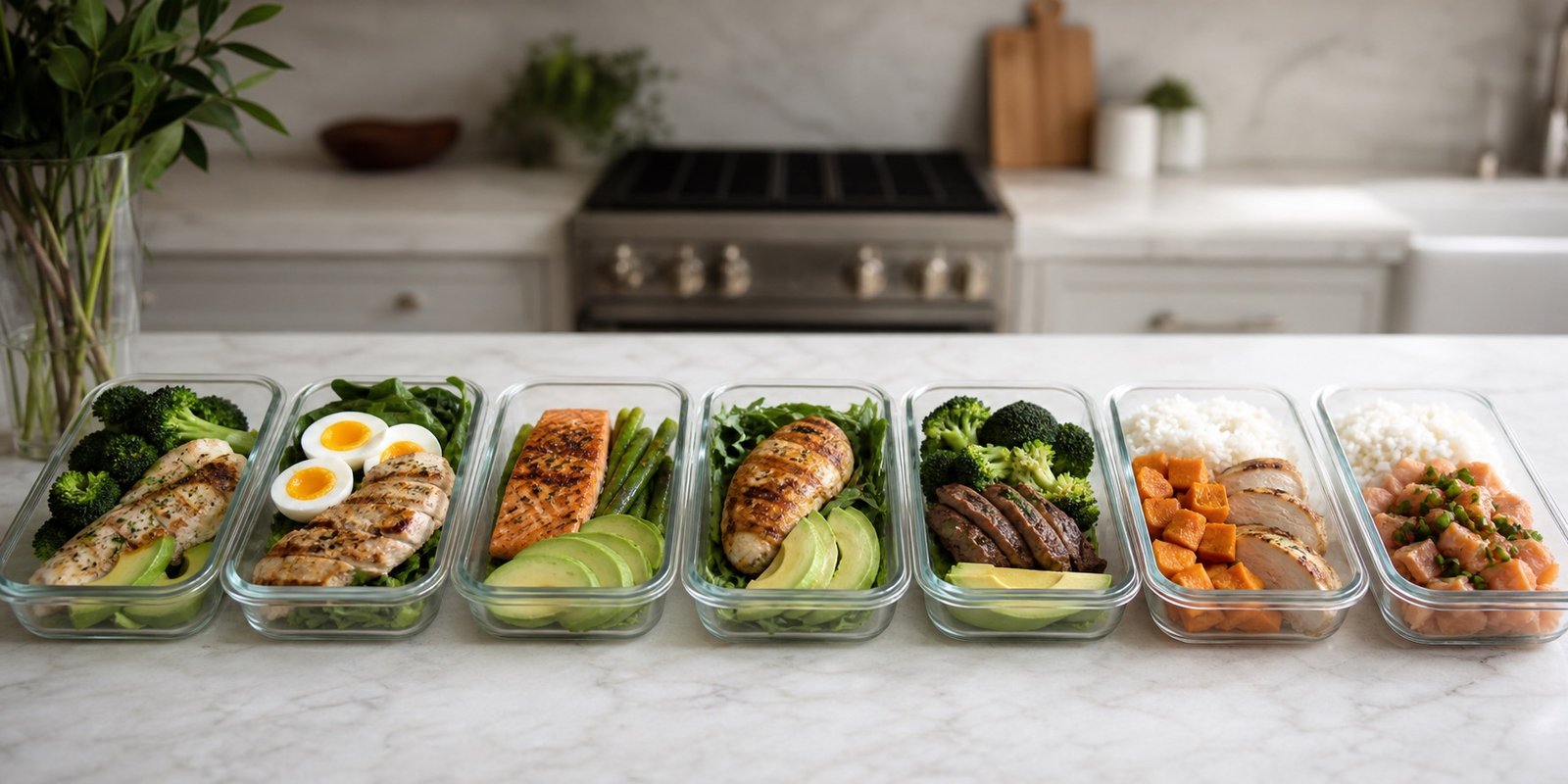 Marmitas organizadas com refeições low carb e porções de carboidratos para um plano semanal da dieta cetogênica cíclica.