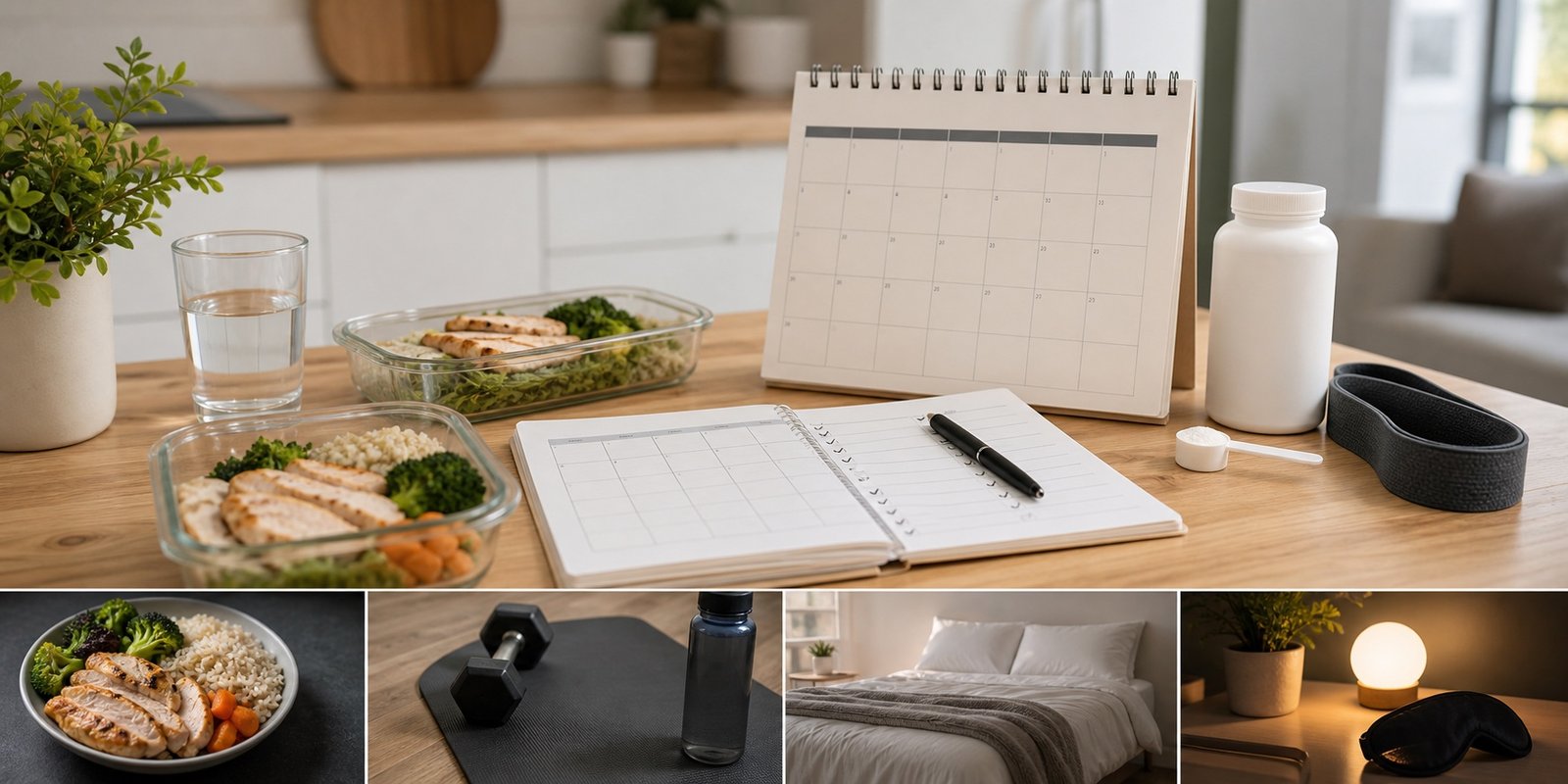 Planejamento simples com marmitas, agenda e suplemento sem marca para acompanhar resultados.