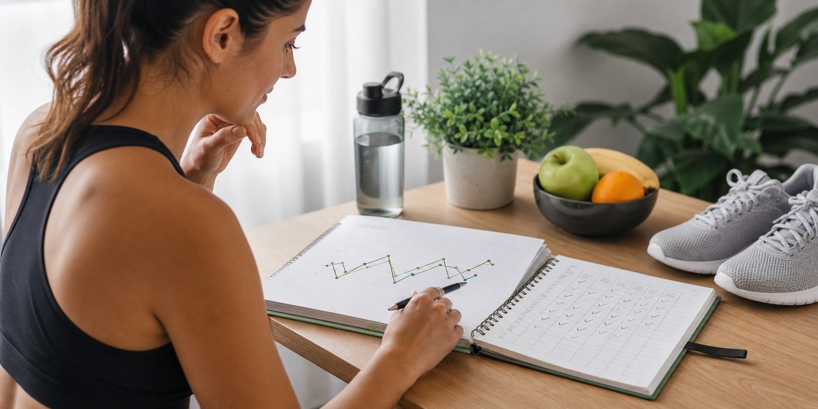 Caderno de progresso e itens de treino para explicar por que o peso pode estabilizar por algumas semanas.