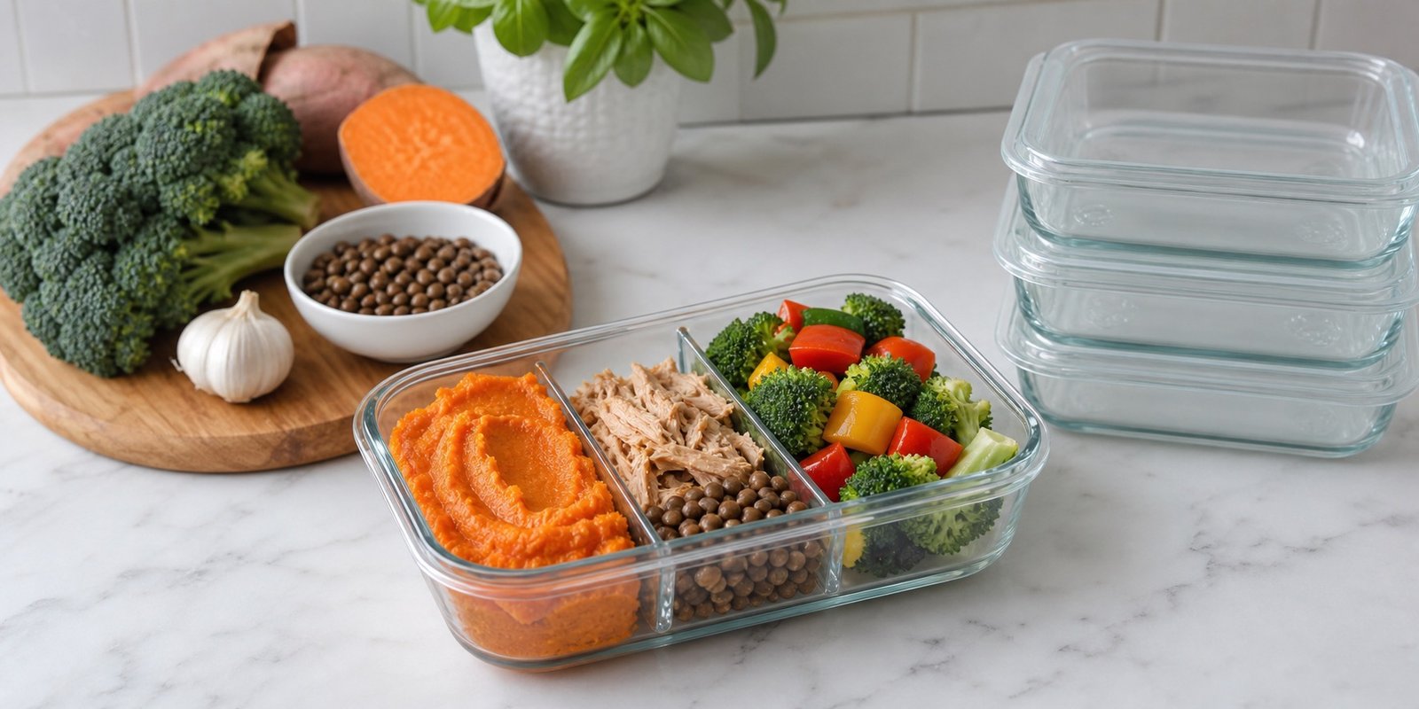 Marmita fitness de purê de batata doce e frango com legumes, proteína e porção organizada