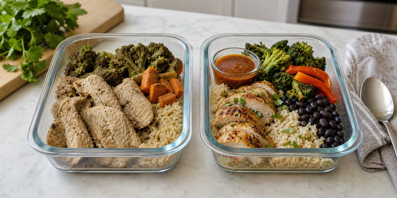 Comparação entre marmita seca e opção para congelar marmita fitness com molho, legumes firmes e arroz soltinho.