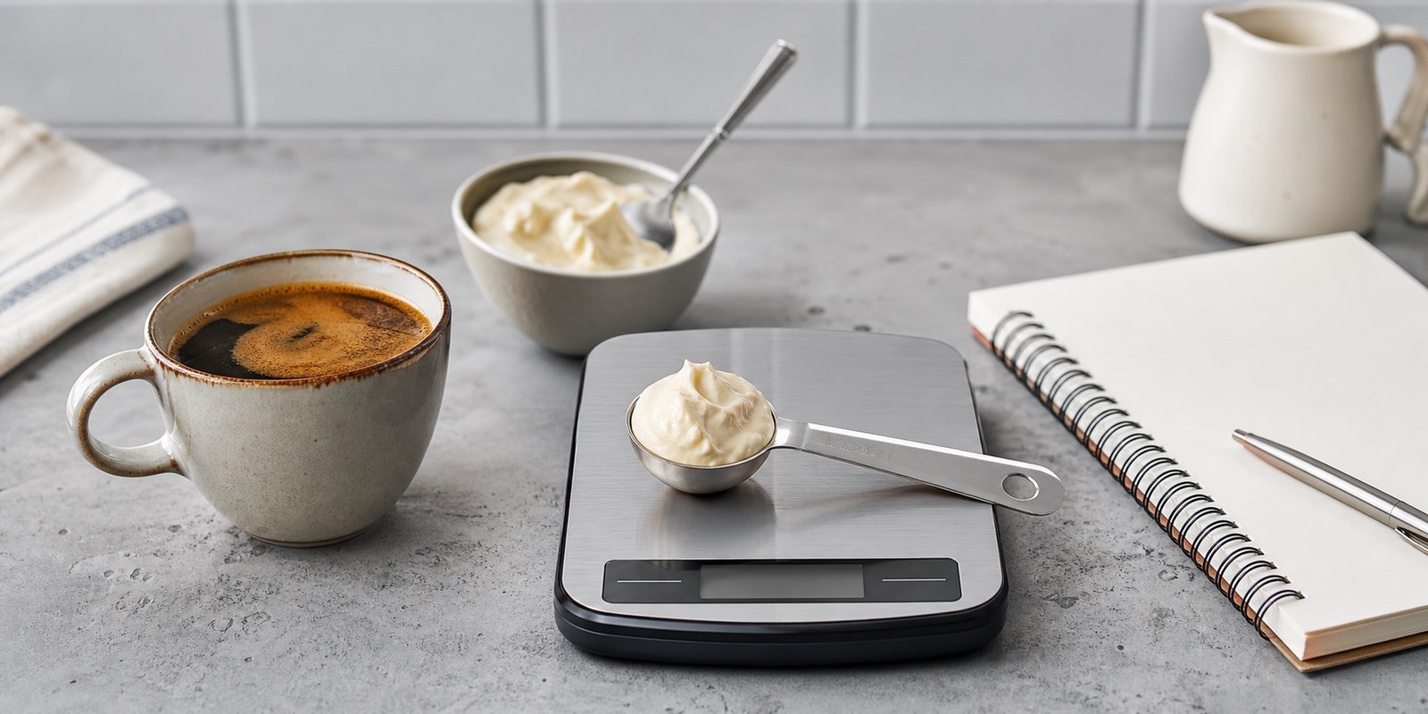 Colher medidora com nata ao lado de balança e café para controlar porção keto.