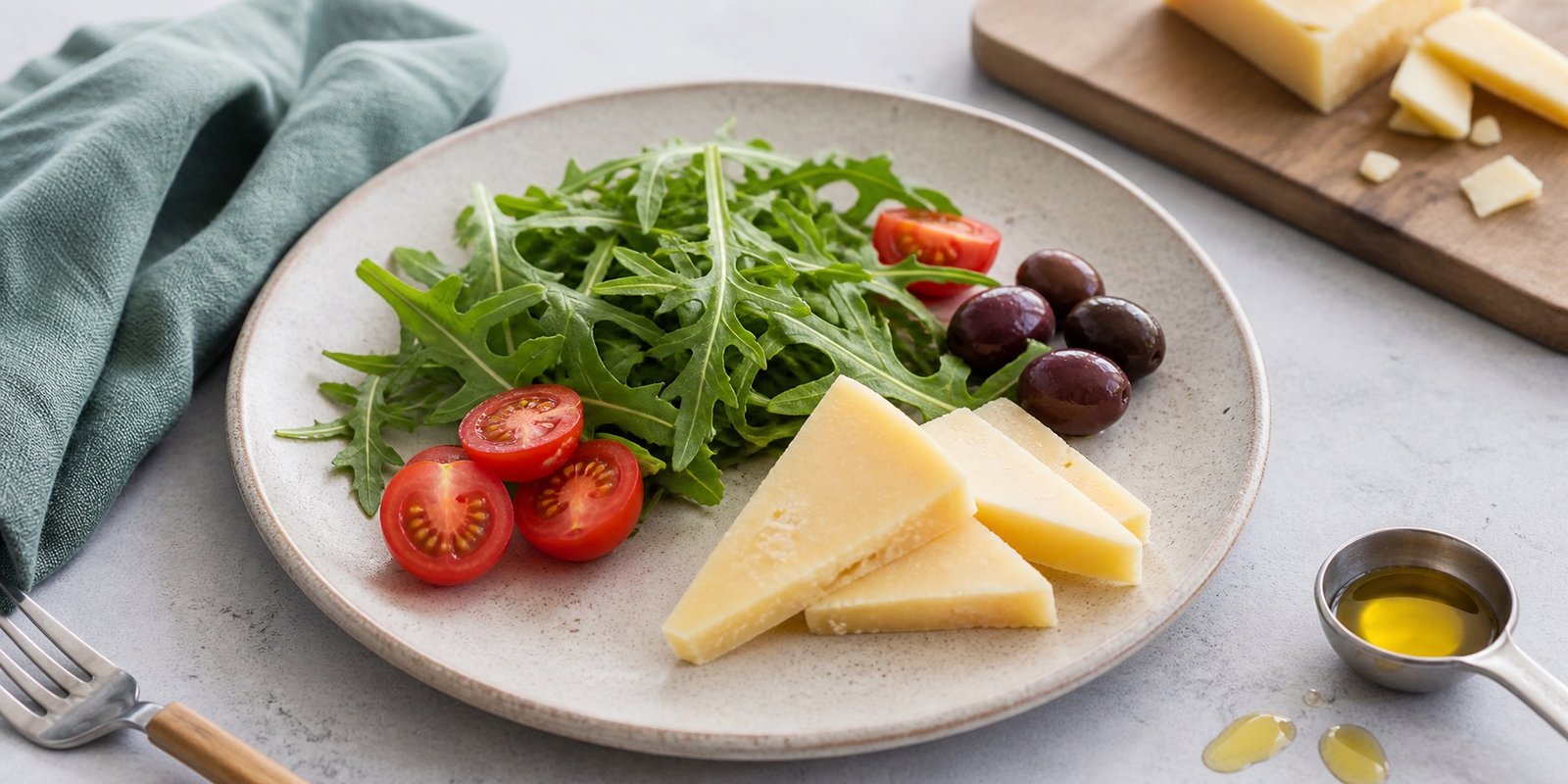 Prato com porção moderada de queijo, salada e azeite para controlar gordura e calorias.