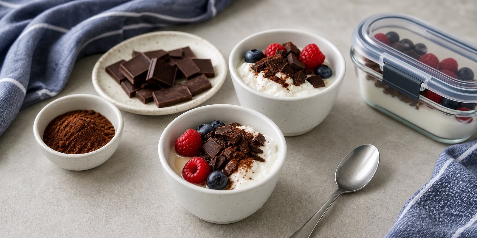 Sobremesa low carb em potes pequenos com iogurte, cacau, frutas vermelhas e chocolate amargo.