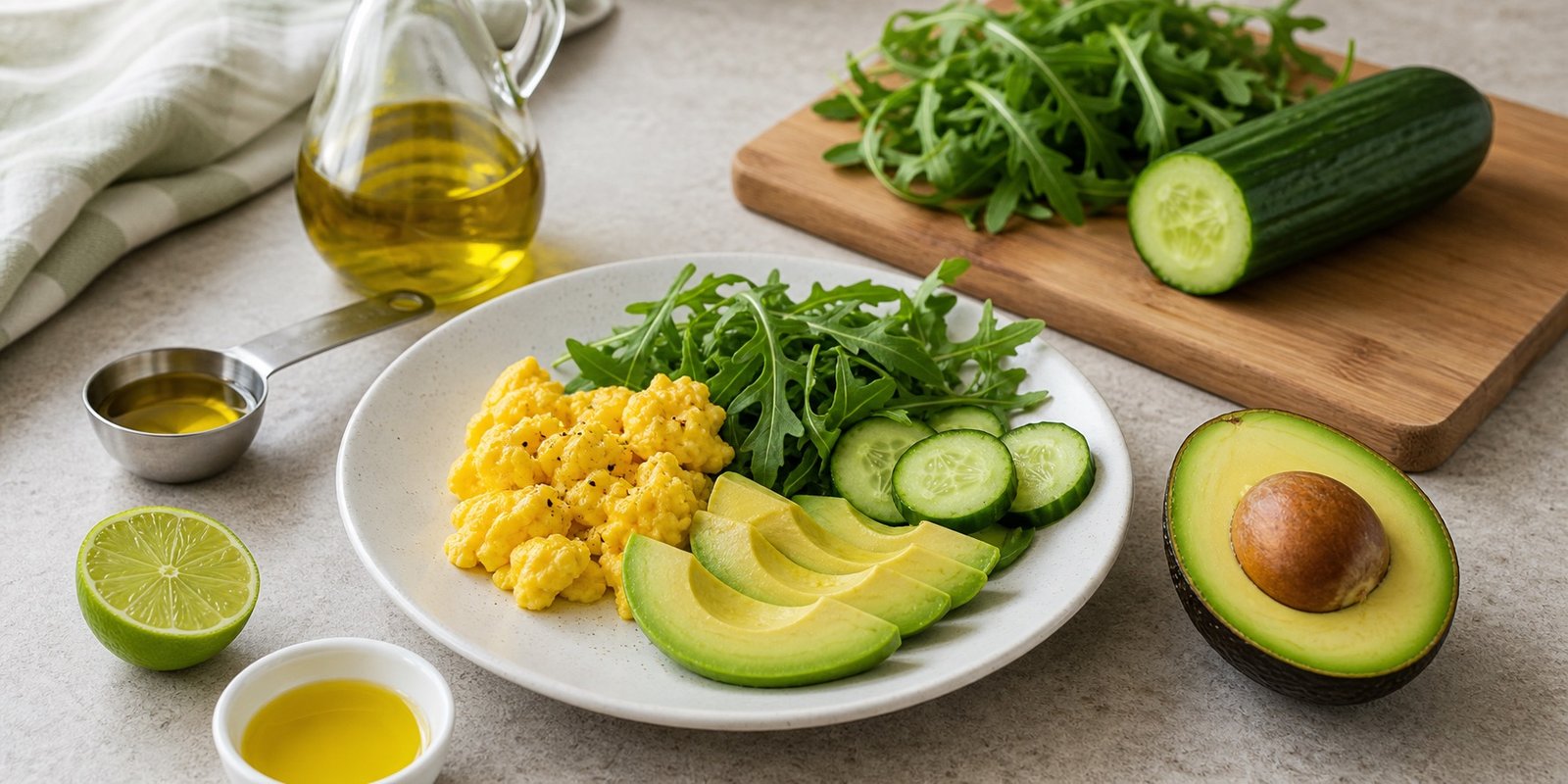 Prato com porção moderada de abacate, ovos, rúcula e pepino para controlar carboidratos na dieta keto.