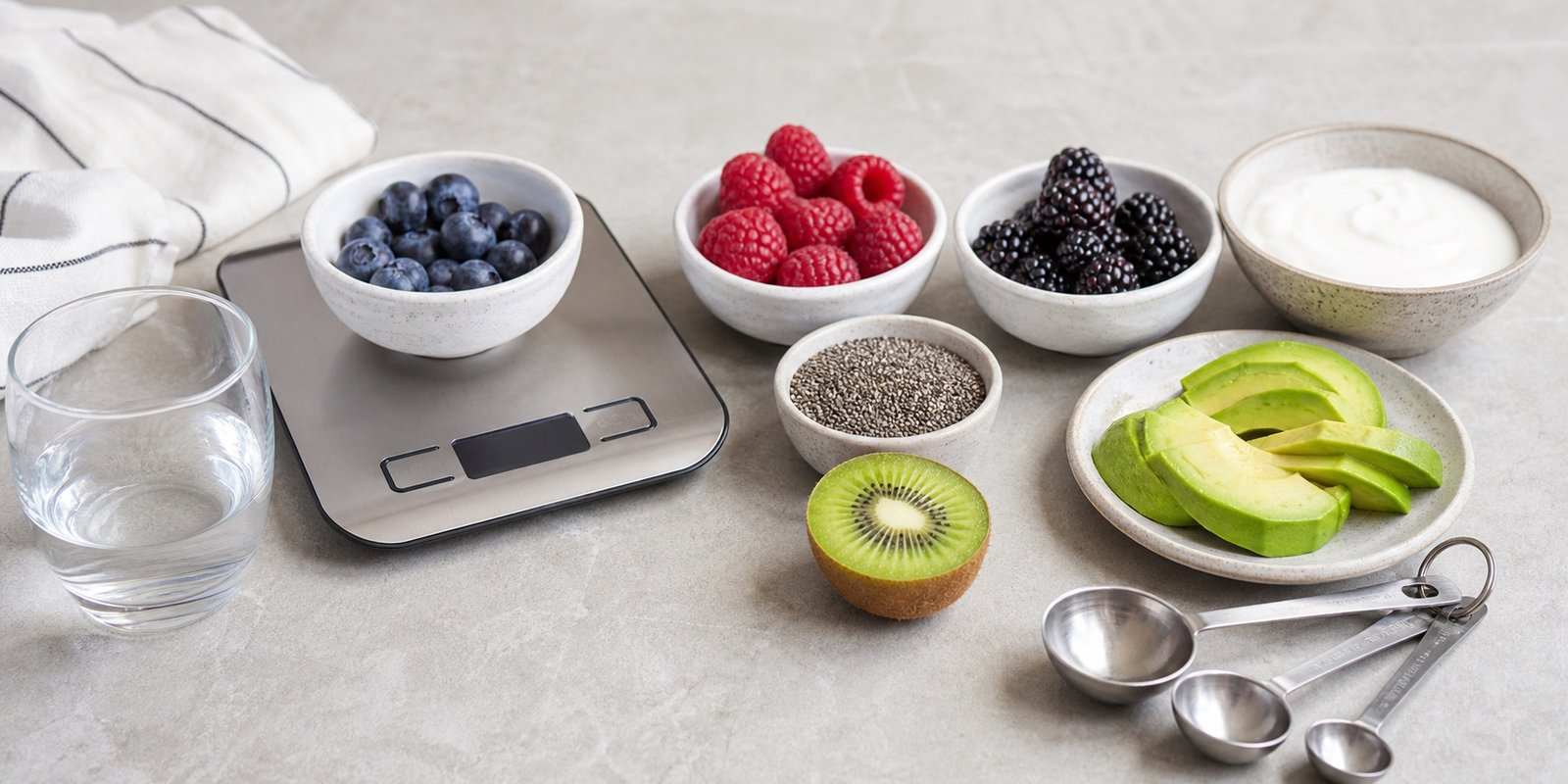 Porções pequenas de frutas low carb com iogurte, chia, balança e água.