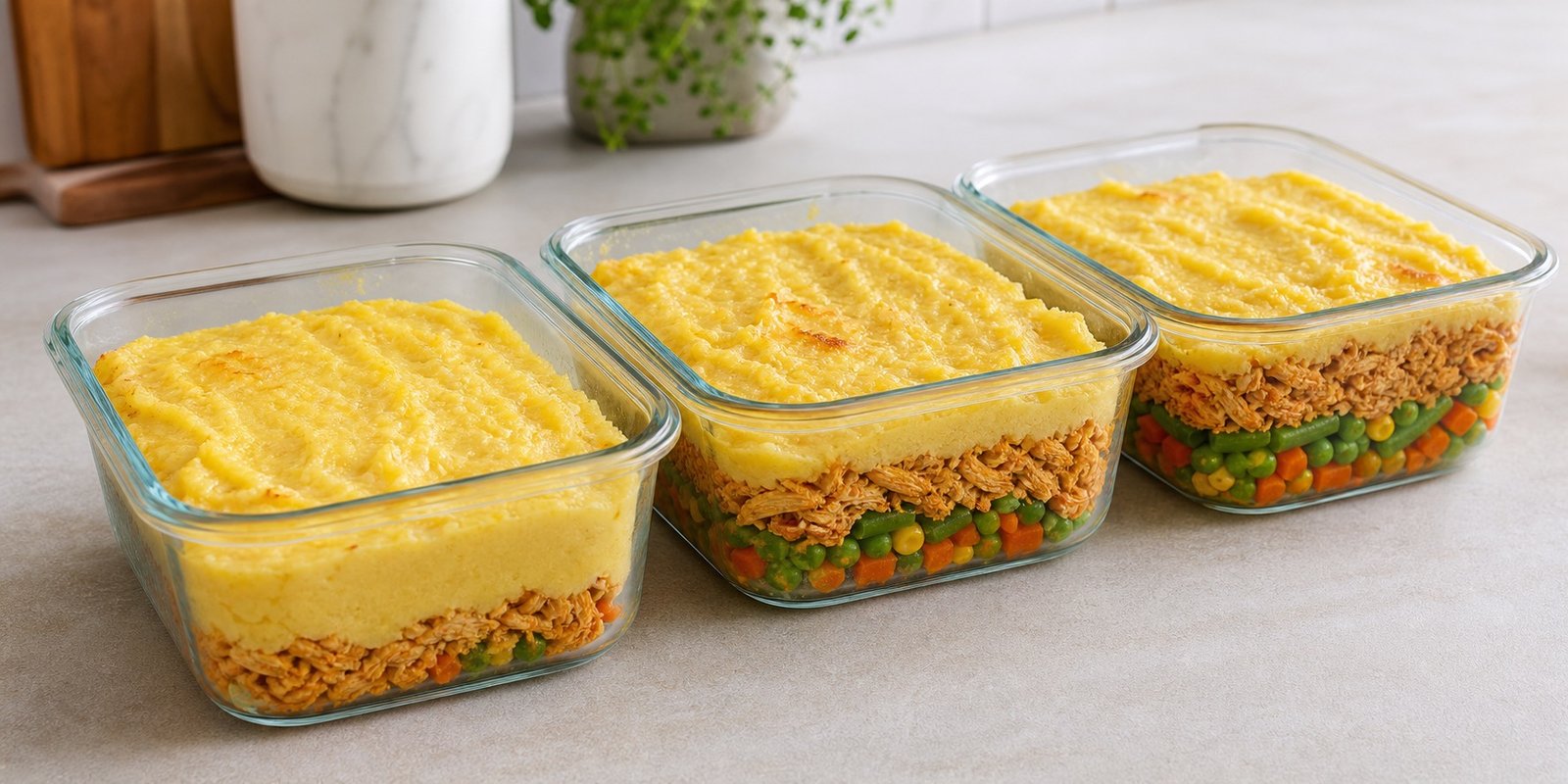 Três potes de escondidinho com diferentes proporções de purê, frango e vegetais.