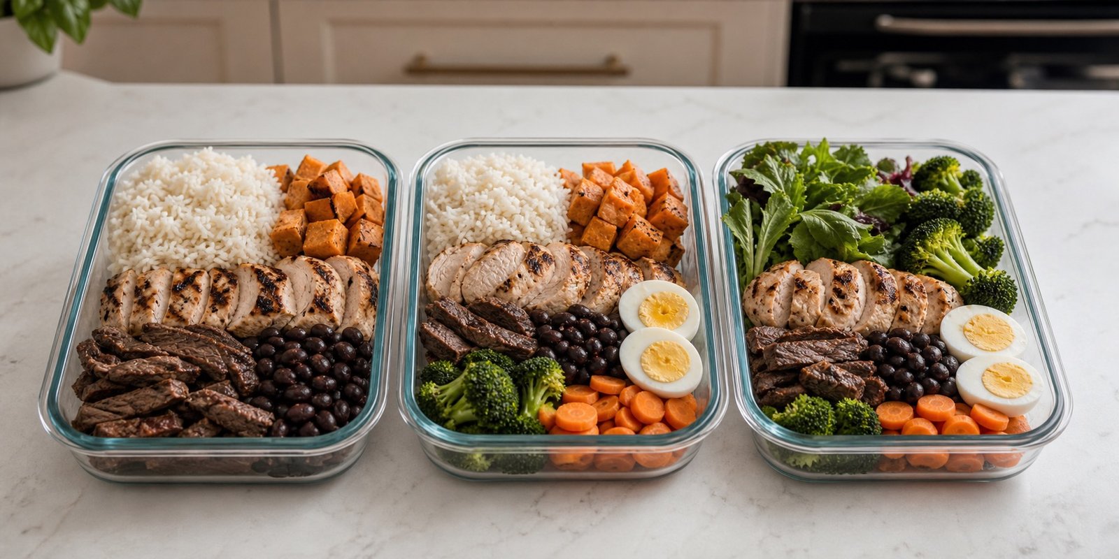 Três potes com porções diferentes de arroz, frango, carne, ovos, batata-doce e legumes.