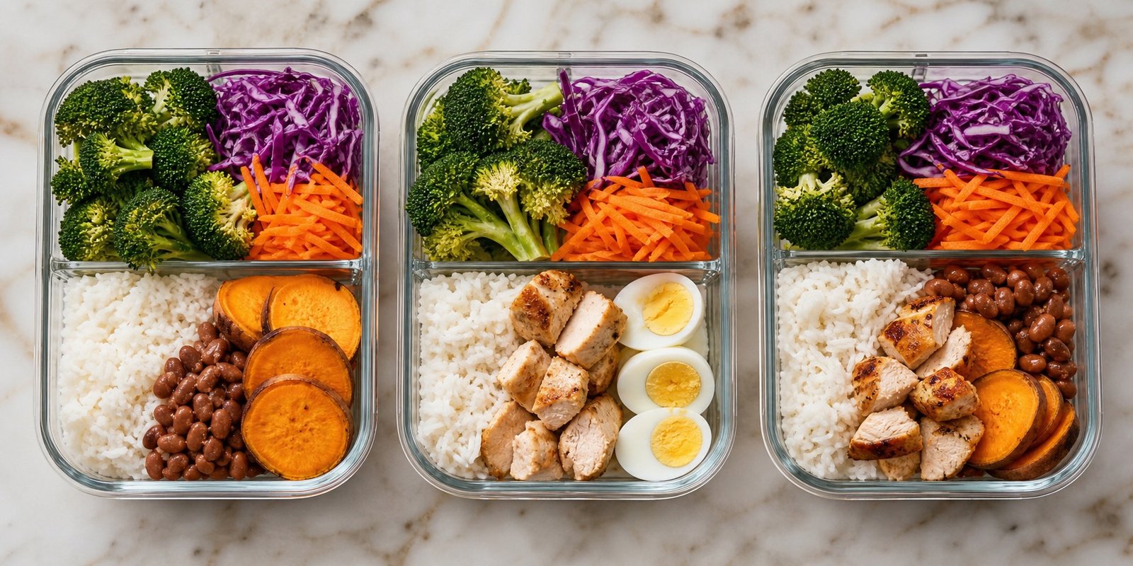 Tres marmitas econômicas com porções diferentes de arroz, feijão, frango, ovo, batata-doce e vegetais.