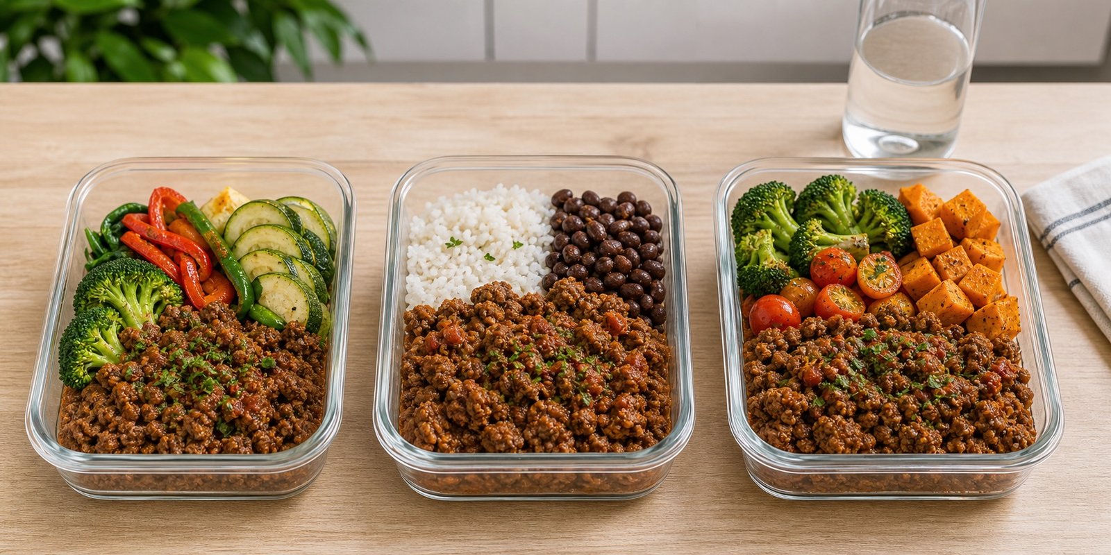 Três marmitas com tamanhos de arroz, legumes e proteína ajustados para rotinas diferentes.