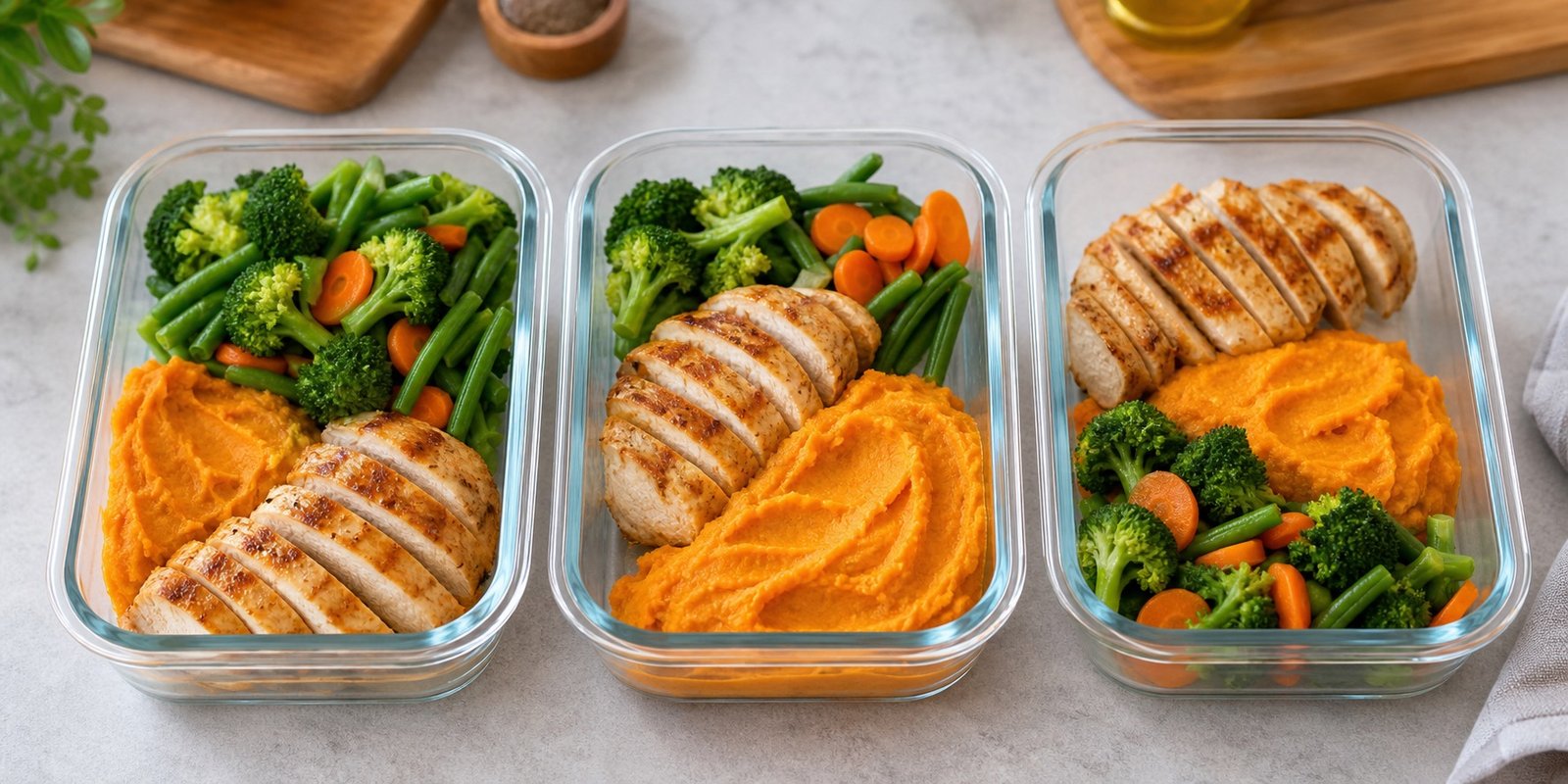 Três marmitas com batata-doce, frango e vegetais em porções diferentes para objetivos de treino