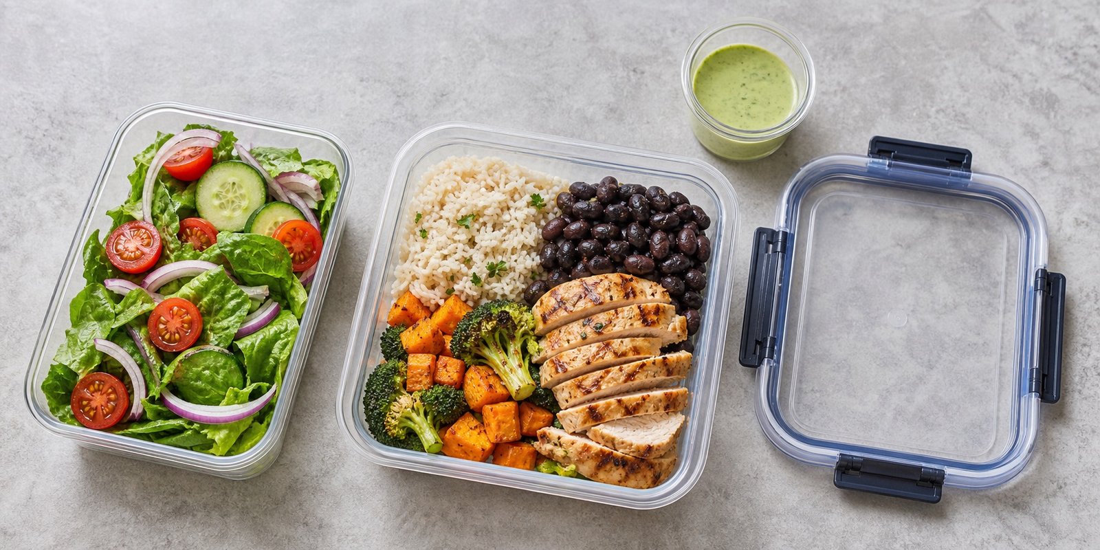 Armazenar marmita fitness com salada separada, molho pequeno e refeição cozida em pote vedado.
