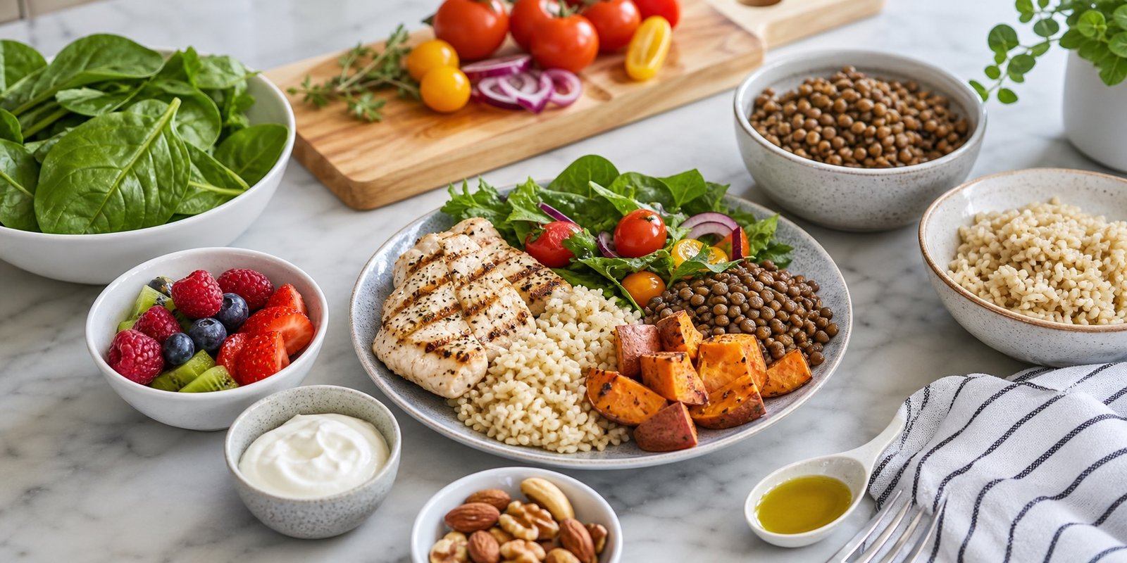 Prato equilibrado para janela alimentar com proteína, carboidratos, vegetais, frutas e gorduras boas.