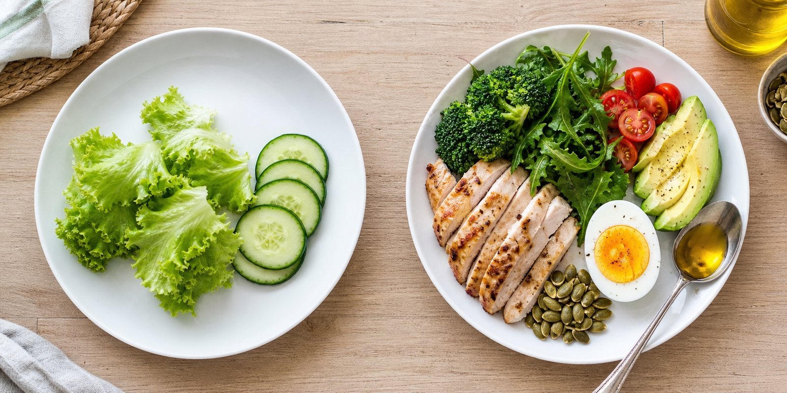 Erros na dieta low carb: comparação entre prato pobre em alimentos e prato equilibrado com proteína, vegetais e gordura medida.