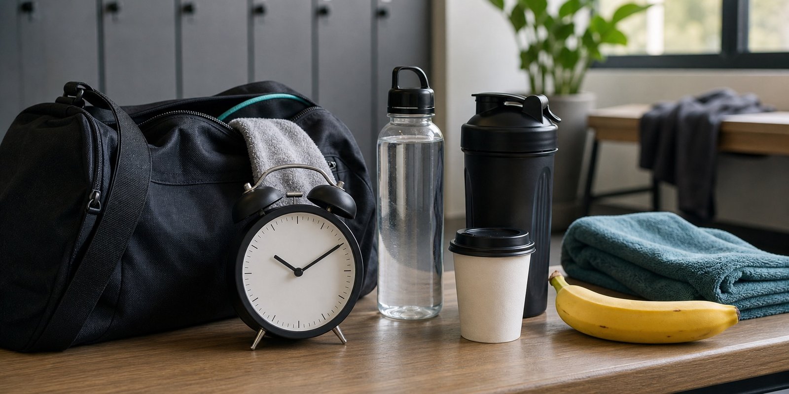 Bolsa de academia com banana, café, água, shaker e relógio para organizar pré e pós-treino.