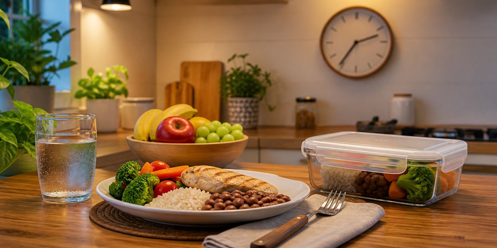 Jantar equilibrado com proteína, carboidratos, vegetais e água antes de uma janela longa