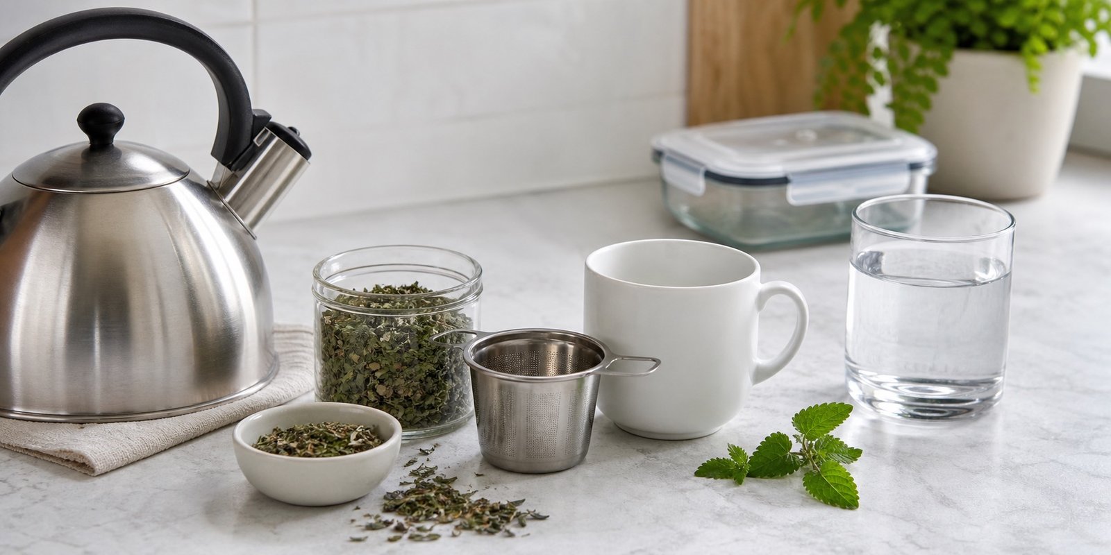 Chaleira, infusor, ervas secas e caneca simples para preparar chá sem calorias durante a janela de jejum.