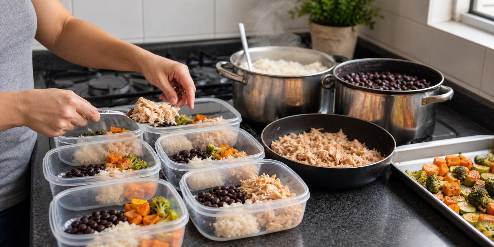 Preparo em lote de marmitas com arroz, feijão, frango desfiado e legumes em cozinha caseira.