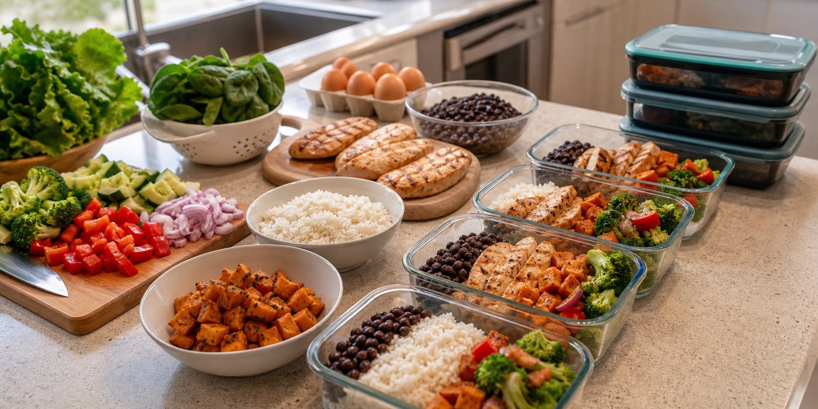 Preparo em lote de marmita fitness com arroz, feijão, frango, ovos, batata-doce, legumes e potes reutilizáveis.