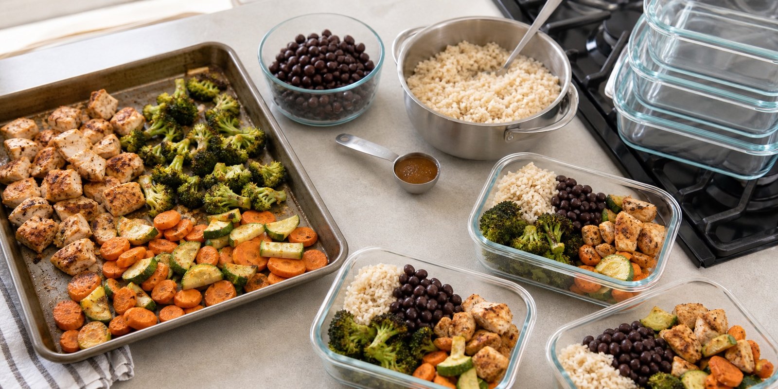 Preparo em lote de frango, arroz, feijão e legumes para montar marmitas fitness da semana.