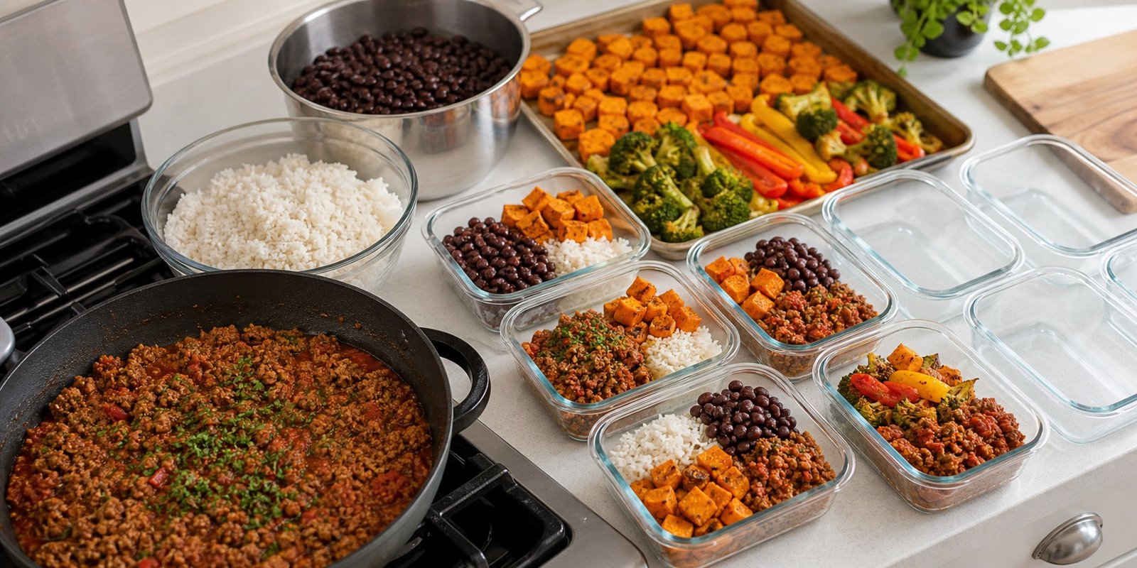 Bases cozidas em lote com potes limpos, legumes assados, arroz e proteína pronta para montar.